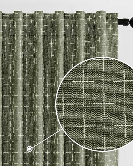 MIULEE Decorative Back Tab Linen Curtains with Geometric Pattern for Living Room Bedroom Farmhouse Rustic Thick Woven Textured Patterned Floor to Ceiling Drapes 102 Inch Long 2 Panels, Olive Green