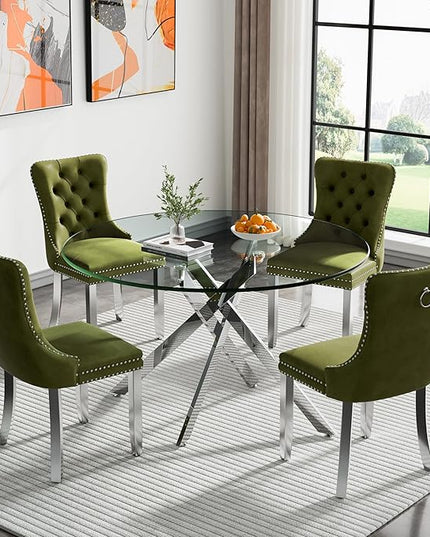 Round Glass Dining Table Set for 4, 47'' Clear Circular Kitchen Table and Chairs Set, 5PCS Modern Circle Dining Room Table Set with 4 Velvet Dining Chair for Home