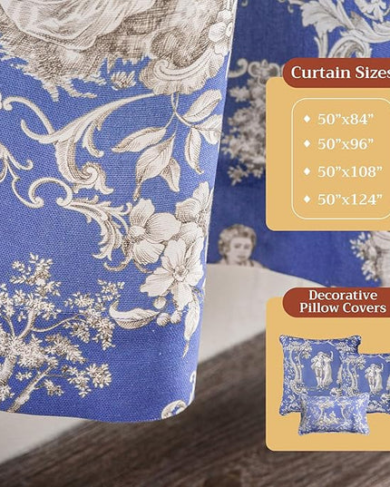 Maison d' Hermine Curtains for Living Room 100% Cotton 96 inch Length One Panel Light Filtering Toile Curtains for Bedroom Windows with Rod and Loop Pockets Drapes (Joli Jouy Blue, 50" W x 96" L)