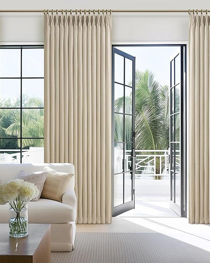 Blackout 70 Inch Extra Wide Floor to Length Curtains 108 Inches Long for Living Room, Memory Shape Pinch Pleat Natural Color 2 Layer Linen Blend Thermal Modern Curtain 9 FT Length Tall Drapes 2 Panels