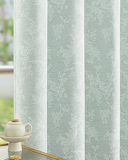 FMFUNCTEX Sage Green Floral Jacquard Blackout Curtains 90 Inches Long for Bedroom, Scroll Flower Chenille Farmhouse Curtain for Living Room Darkening Thermal Insulated Grommet Window Drapes 2 Panels