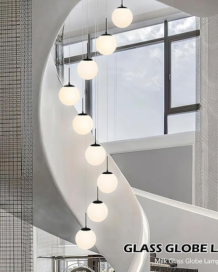 KoKo&Yukina 9-Light Globe Milky White Glass Pendant Light Adjustable Length Pendant Lights Modern Glass Globe Pendant Lights Black Chandeliers Large Chandeliers for High Ceilings (Bulb & Remote Incl)