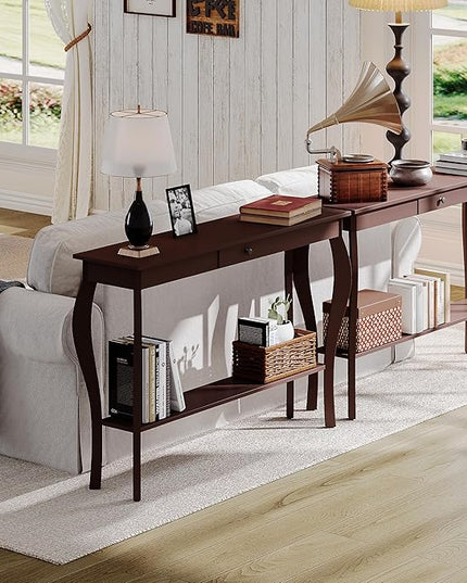ChooChoo 47 Inch Narrow Console Table with Drawer, Chic Accent Sofa Entryway Table with Shelves for Entryway, Living Room, Hallway, Espresso