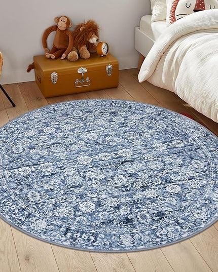 5' Round Rug Washable Rug for Entryway, Blue Soft Non-Slip Area Rugs Distressed Floral Low-Pile Carpet, Neutral Vintage Circle Rugs for Living Room Dining Bedroom Foyer