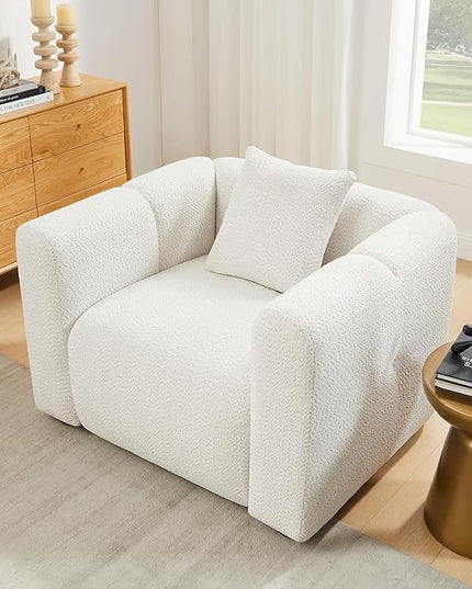 VANOMi 42" Width Accent Chair for Living Room, Modern Lounge Chair with Pillow, Comfy Upholstered Boucle Single Sofa Chair for Living Room (White)