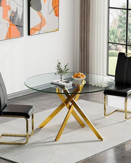 HomVent 3 Piece Round Glass Dining Table Set, Round Glass Kitchen Table Set for 2 with 2 PU Upholstered Dining Chairs for Kitchen Dining Room