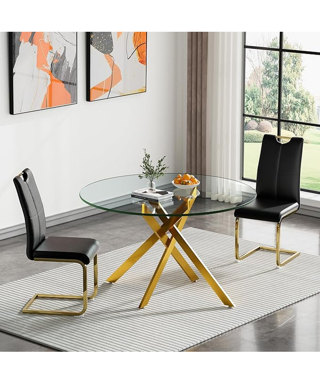 HomVent 3 Piece Round Glass Dining Table Set, Round Glass Kitchen Table Set for 2 with 2 PU Upholstered Dining Chairs for Kitchen Dining Room