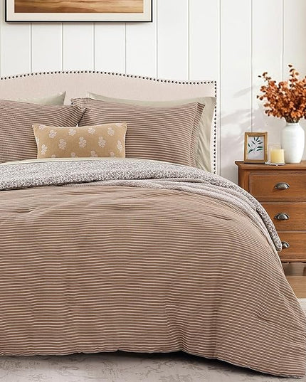Queen Comforter Set - 7 Pieces Dark Brown Gauze Muslin Bedding Sets for All Seasons, Lightweight Breathable Bed in a Bag Queen with Revesible Farmhouse Comforter, Sheets, Pillowcases & Shams