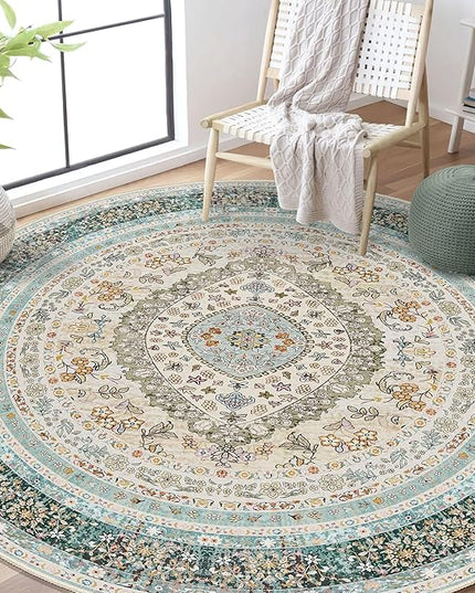 Round Area Rugs 6ft Washable,Blue Rug for Living Room Bedroom Dining Room,Large Boho Vintage Bohemian Distressed Oriental Carpet Non Slip,Floral