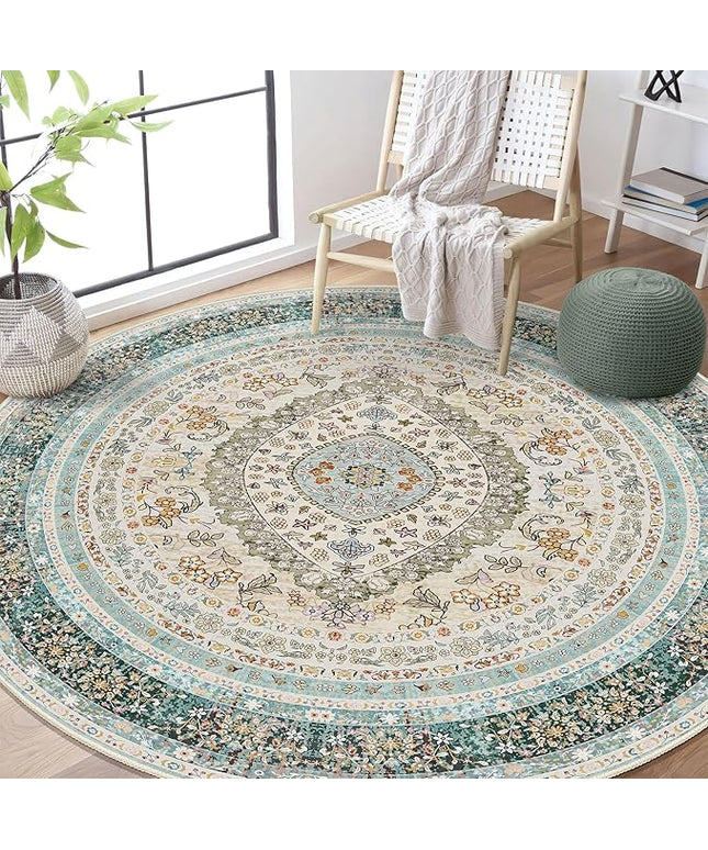 Round Area Rugs 6ft Washable,Blue Rug for Living Room Bedroom Dining Room,Large Boho Vintage Bohemian Distressed Oriental Carpet Non Slip,Floral