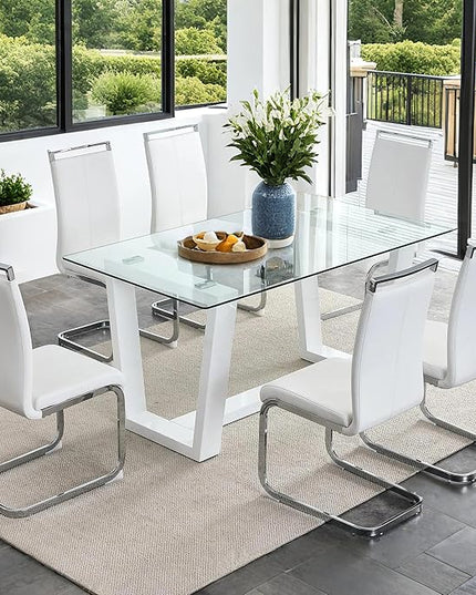 Ebullient Glass Dining Table Set for 6, Modern Dining Table Set for 6, Tempered Glass Tabletop with White MDF Trapezoid Legs, Rectangle Kitchen Table with 6 Faux Leather Chairs for Home, Apartment