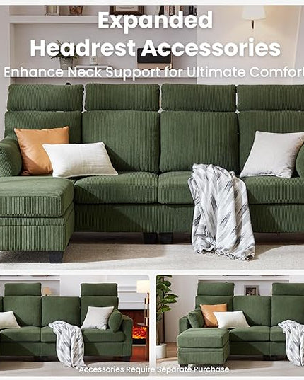 CHIC HOUSE Corduroy Modular Sectional Couch with Ottoman Chaise, L/U Shaped Sleeper Sofa for Living Room, Apartment, Lounge, Modern Armrest Neck Support Furniture (6 Seater Compact Sleeper, Green)