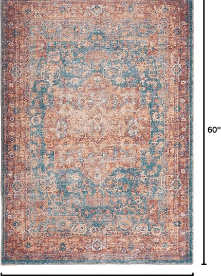 GLN Rugs Traditional Collection - Machine Washable Area Rug, Traditional Washable, Non Slip, Low Pile Chenille Rug, Living Room, Bedroom, Kitchen Rug (3'x5' Terra/Green)