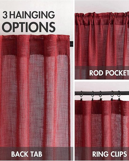 MIULEE Burgundy Red Kitchen Curtains 36 Inch Length 2 Panels, Soft Thick Linen Textured Semi Sheer Light Filtering Short Cafe Tier Curtains for Small Half Window Back Tab Rod Pocket Christmas Decor