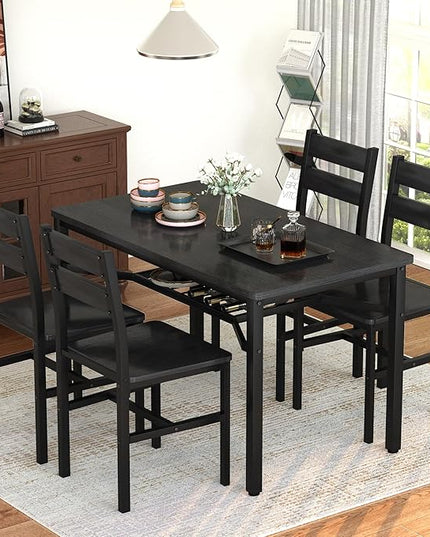Hooseng Dining Table Set for 4, Wood Kitchen Table Chairs Set with Storage, Farmhouse 5 Piece Dining Room Table Set, Space-Saving Dinette Set for Breakfast Nook, Apartment (Black)