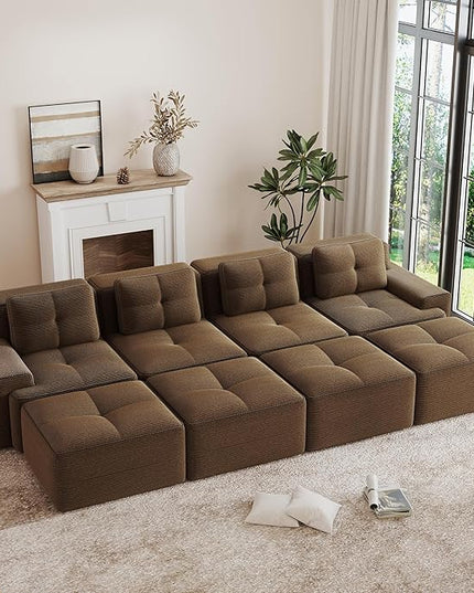 Hommoo Oversized Modular Sectional Sofa, 8 Seat Sleeper Sofa Bed, Comfy Corduroy Couch with Deep Seat, 153”Convertible Boneless Couch with Ottoman for Living Room No Assembly Required Brown