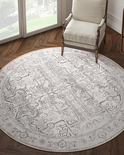 jinchan Lima Round Rug 6ft Vintage Machine Washable Area Rug Indoor Circle 6' Ultra-Thin Non-Slip Floral Print Carpet for Farmhouse Entryway Dining Room Living Room Bedroom Office (6'Round, Taupe)