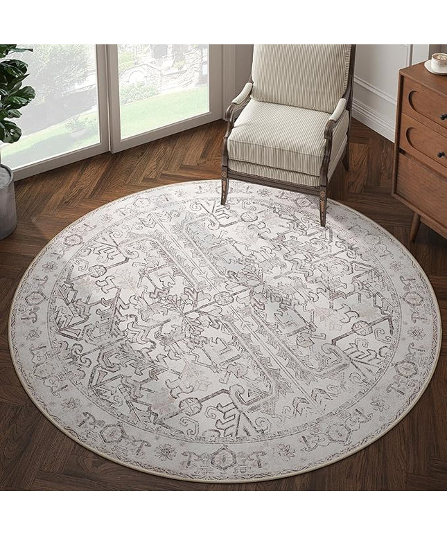 jinchan Lima Round Rug 6ft Vintage Machine Washable Area Rug Indoor Circle 6' Ultra-Thin Non-Slip Floral Print Carpet for Farmhouse Entryway Dining Room Living Room Bedroom Office (6'Round, Taupe)