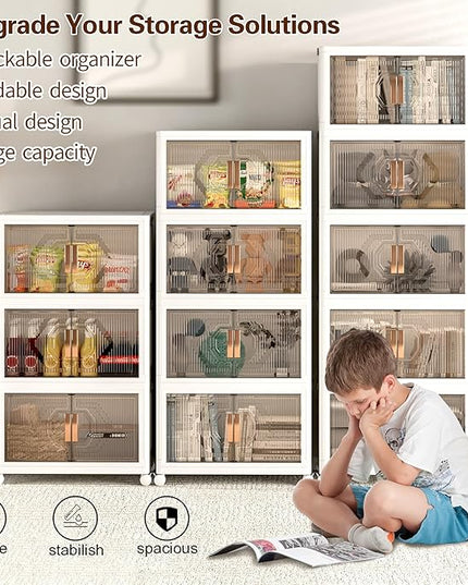 VECELO 19 Gal Stackable Storage Bins with Lid, 5 Pack Plastic Collapsible Storage Cabinet, Foldable Folding Box Organizer/Storage Container Cart with Wheel and Double Door for Home Office, White