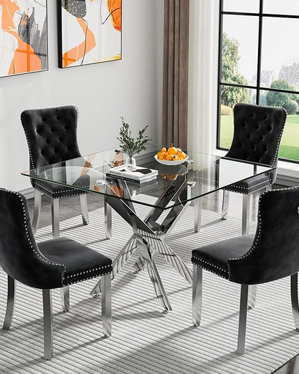 Glass Dining Table Set for 4, Square 36" Dining Table with Silver Cross Metal Leg, 4 Black Velvet Dining Chairs with Stainless Steel Legs, Modern Glass Kitchen Table and Chairs Set for Small Space