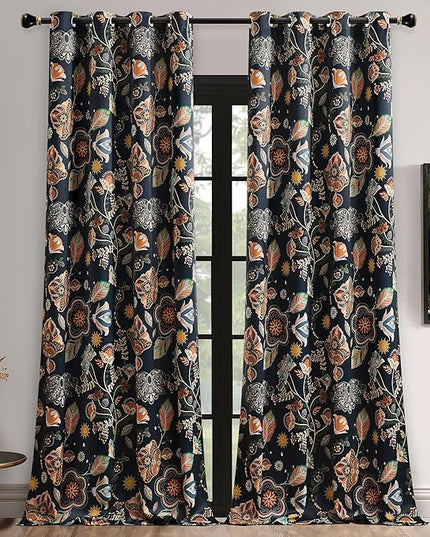 XiDi Vintage Floral Patterned Curtains Blackout for Bedroom Living Room 102 Inches Long 2 Panels Thermal Insulated Luxury Curtains with Botanical Leaf Printed Design Grommet Drapes Navy Blue 52x102
