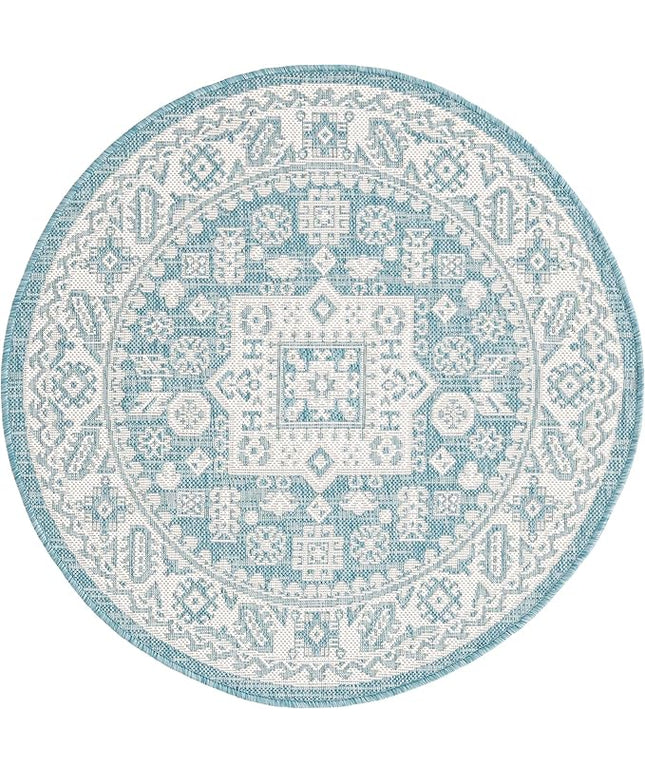 Rugs.com Outdoor Aztec Collection Rug – 3 Ft Round Aqua Flatweave Rug Perfect for Kitchens, Dining Rooms