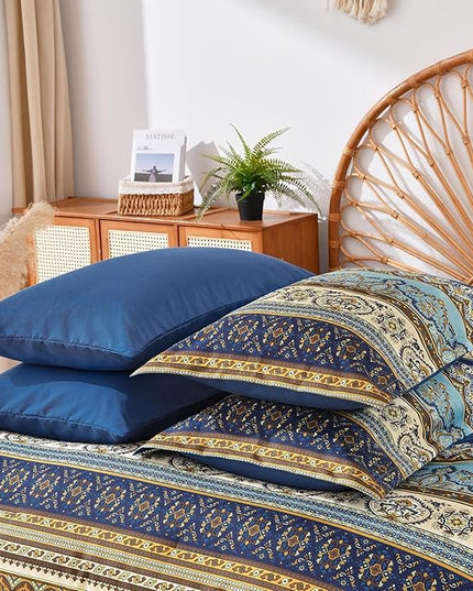 Cottolester Boho King Comforter Set 8 Pieces,Brown Blue Bohemian Comforter Paisley Striped Bed in A Bag,Soft Microfiber Bedding Set for All Season