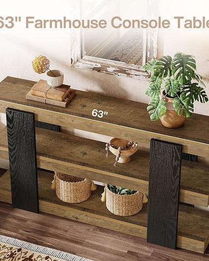 Tribesigns 63-Inch Long Console Table, 3-Tier Entryway Table with Storage, Farmhouse Wood Behind Couch Tables for Entryway, Living Room, Hallway, Rustic Brown & Black