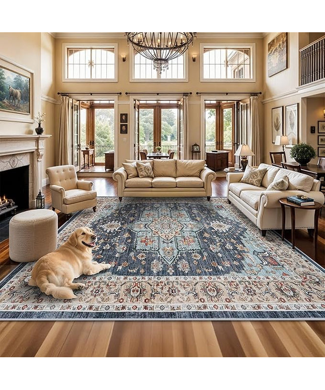 Washable Oriental Area Rug - 12x12 Rugs for Living Room Soft Carpet for Bedroom Waterproof Floral Distressed Indoor Stain Resistant Non-Shedding Floor Carpets (Blue/Teal/Orange, 12x12)