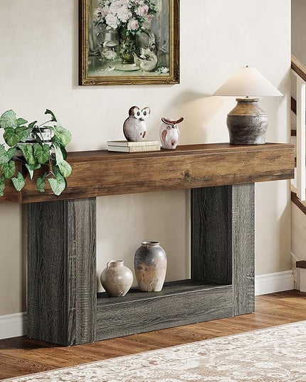 Tribesigns 63" Console Table, Farmhouse 2-Tier Entryway Table with U-Shaped Base, Narrow Long Wood Sofa Table Behind Couch Table for Living Room, Hallway, Foyer, Vintage Brown & Gray