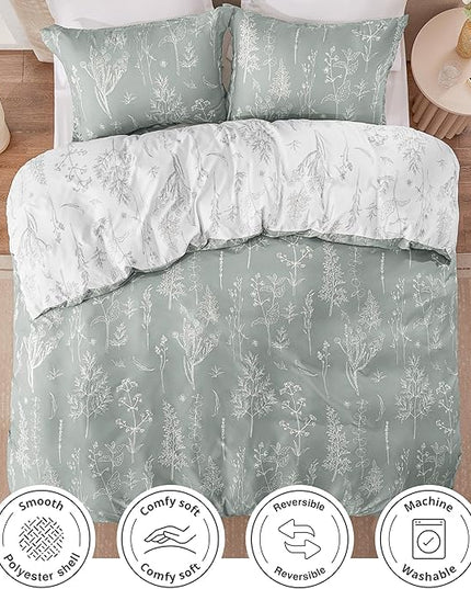 Love's cabin Grey Queen Comforter Set - Queen Size Comforter Set, 3 Pieces Cute Floral Bedding Sets for All Seasons,1 Soft Reversible Botanical Flowers Comforter and 2 Pillow Shams