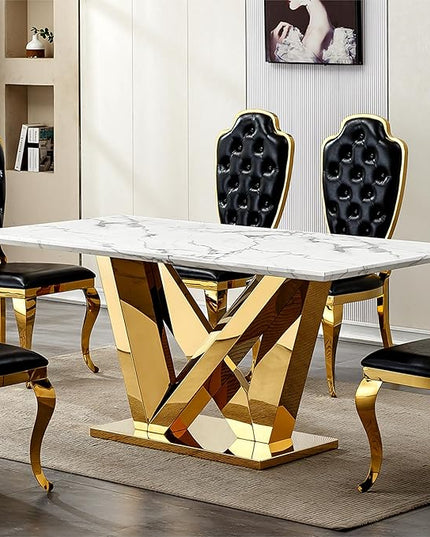 70 Inch Modern Rectangular Dining Table for 6, Faux Marble Top with Mirrored Stainless Steel Base, Large Kitchen Table for Dining Room, Living Room, Office, Conference, (Table Only) (Gold + White)