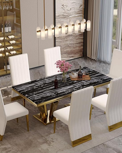 7 Piece Dining Table Set for 6, 78 inch Gold Dining Room Table Set with 6 White Leather Dining Chairs