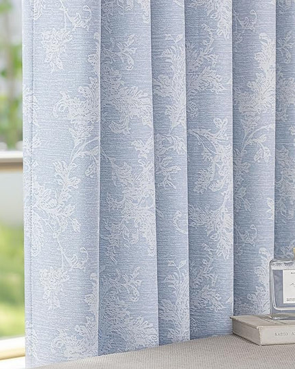 FMFUNCTEX Blue Floral Jacquard Blackout Curtains 96 Inches Long for Bedroom, Scroll Flower Chenille Farmhouse Curtains for Living Room Darkening Thermal Insulated Grommet Window Drapes 2 Panels