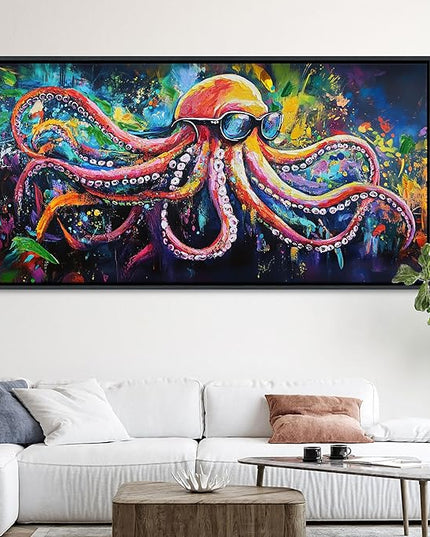 JEAWA Abstract Graffiti Wall Art, Large Framed Funny Octopus Street Cool Pop Art Texture Canvas Paintings for Living Room Bedroom kitchen Home Wall Decor and Gifts for Men 29x58 IN