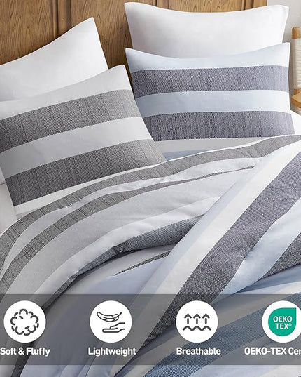 Queen Comforter Set, 3 Pieces Striped Bed Set, Soft Brushed Microfiber Reversible Bedding Set for All Season, Lightweight & Breathable Bedding Set with Comforter & Shams, Navy/Blue