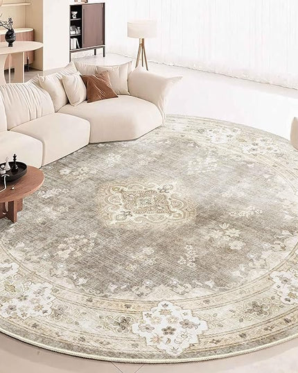 MUJOO Beige Round Rug 9ft,Large Circle Washable Area Rugs for Bedroom Living Room Bathroom,Boho Non Slip Circular Carpet,Floral