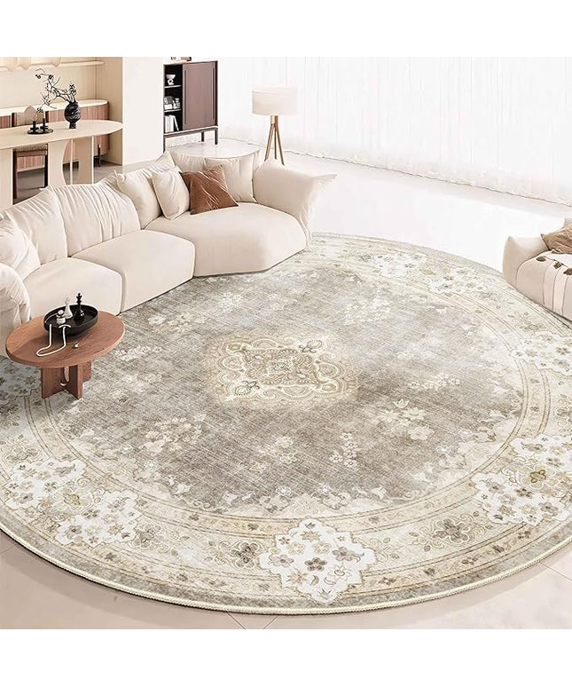 MUJOO Beige Round Rug 9ft,Large Circle Washable Area Rugs for Bedroom Living Room Bathroom,Boho Non Slip Circular Carpet,Floral
