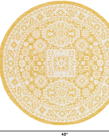Rugs.com Outdoor Aztec Collection Rug – 4 Ft Round Yellow Flatweave Rug Perfect for Kitchens, Dining Rooms