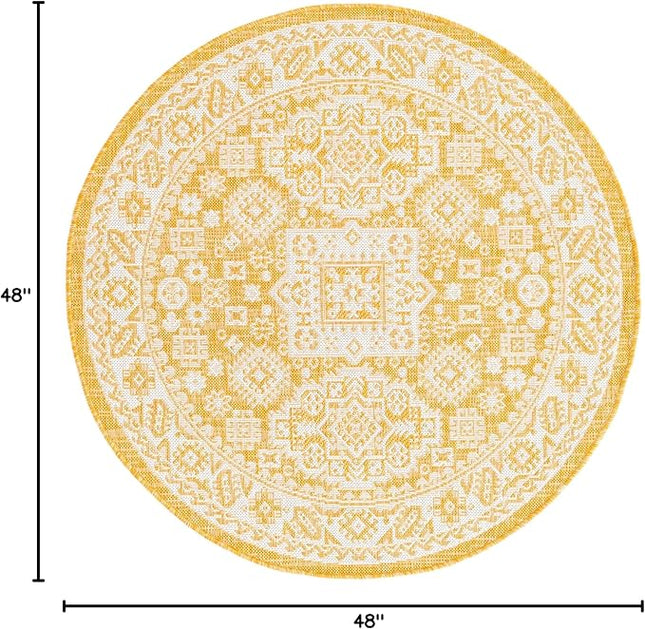 Rugs.com Outdoor Aztec Collection Rug – 4 Ft Round Yellow Flatweave Rug Perfect for Kitchens, Dining Rooms