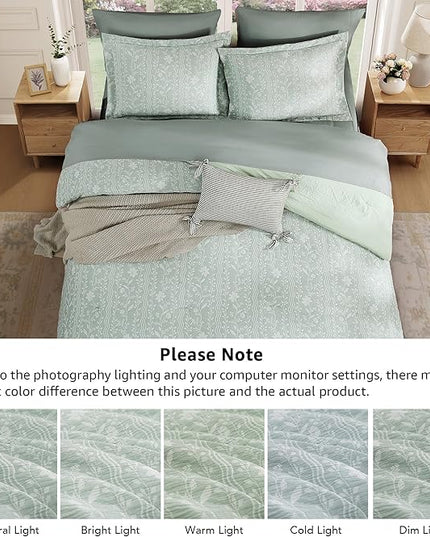 King Comforter Set -7 Pieces Green Floral Comforter Set for All Seasons, Bed in a Bag King with Botanical Flowers Comforter, Sheets, Pillowcases & Shams