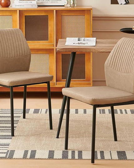 PU Leather Dining Chairs Set of 2, Mid-Century Modern Beige Leather Kitchen Chairs, Armless Dining Room Chairs with Black Metal Legs for Dining Room, Living Room