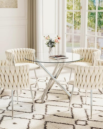 5 Pieces Round Glass Dining Set, Modern Luxury Circle Kitchen Table Set for 4, 36'' Clear Minimalist Circular Glass Top Dinner Room Set with Ivory Woven Chair, for Small Apartment (Silver)