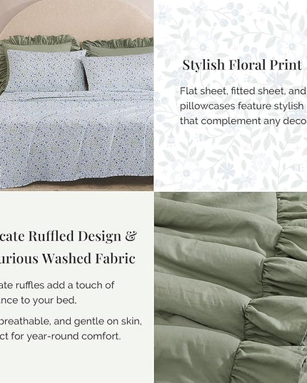 Full Comforter Set - 7 Pieces Ruffle Sage Green Bedding Sets, Shabby Chic Farmhouse Bed in a Bag Full with Ruffle Comforter, Floral Sheets, Pillowcases & Shams