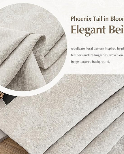 FMFUNCTEX Beige Floral Jacquard Blackout Curtains 72 Inches Long for Bedroom, Scroll Flower Chenille Farmhouse Curtains for Living Room Darkening Thermal Insulated Grommet Window Drapes 2 Panels