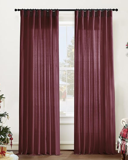 Maroon Wine Red Curtains 96 Inches Long for Living Room 2 Panels Set Linen Hooks Track Solid Regular Xmas Holiday Country Farmhouse Christmas Seasonal Themed Winter Curtains for Dining Room Bedroom