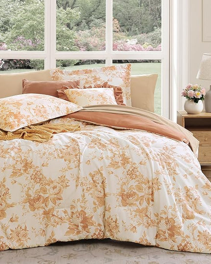 Full Comforter Set -7 Pieces Autumn Leaf Floral Comforter Set for All Seasons, Bed in a Bag Full with Botanical Flowers Comforter, Sheets, Pillowcases & Shams
