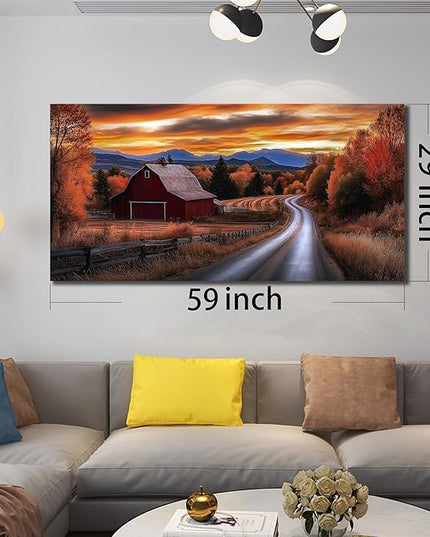JuhaiArt Large Natural Wall Art Landscape Canvas Decor Fall Canvas Picture for Living Room Bedroom Red Barn Farmhouse Artwork 29" x 59"