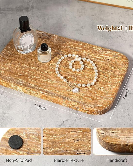 Natural Marble Vanity Tray, 11.8" Travertine/Stone Bathroom Tray Countertop, Golden Stone for Perfume Jewelry Holder, Decorative Dresser Organizer, Storage for Kitchen Sink(Walnut Traver)