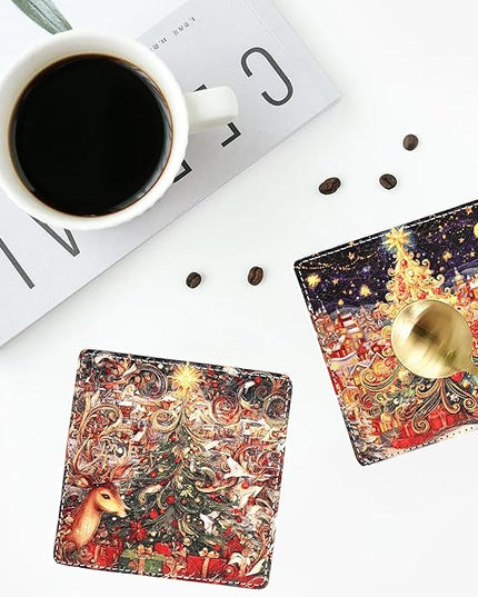 Christmas Coasters Square Leather Drinks Coaster Set with Holder for Coffee Table Bar Home Decor 4 Inches Set of 6